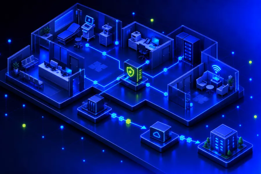 Floor plan of a practice with reception, treatment room, office, server room and a waiting area with Wi-Fi, all connected through a central firewall, with backups passing through a second stage into a data centre