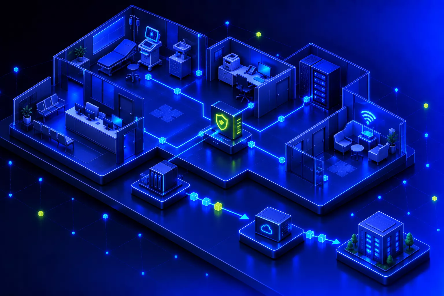 Floor plan of a practice with reception, treatment room, office, server room and a waiting area with Wi-Fi, all connected through a central firewall, with backups passing through a second stage into a data centre
