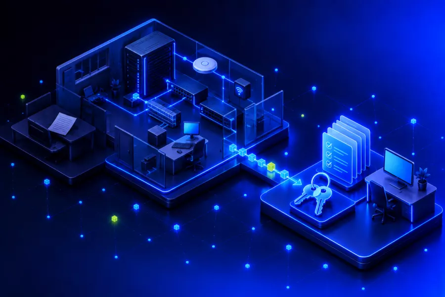 An office with server rack, network and workstations, next to it keys and a ticked-off documentation lie ready at a new workstation