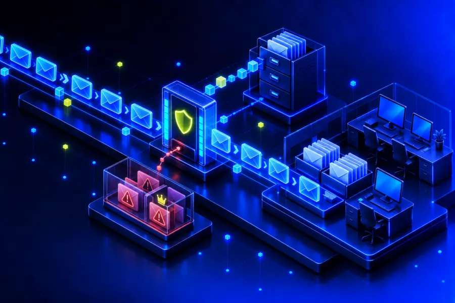 Emails pass through a filter gate with a shield into the office, suspicious messages with warning signs, one with a crown posing as the boss, end up in a quarantine box, and a copy of every email goes to the archive
