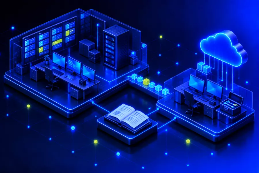 An IT room with a ticket board, workstation and server rack, linked by a bridge to a second workstation with a toolbox and a cloud, with a shared, open documentation between them