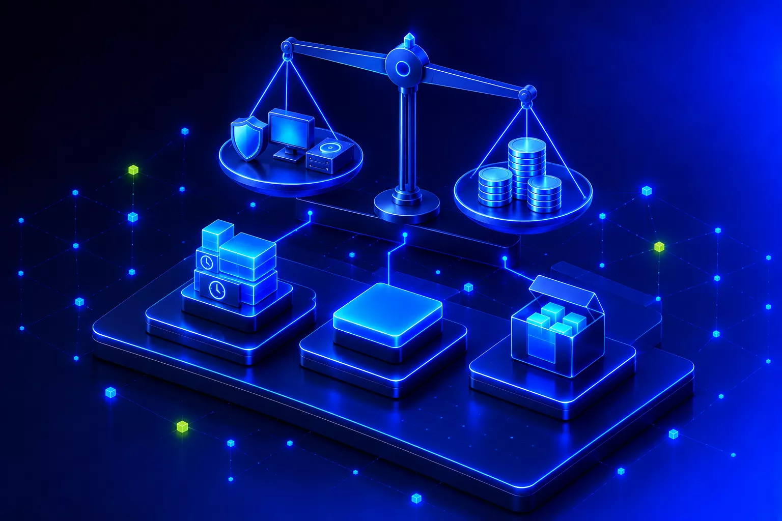 A scale weighs a shield, a computer and a server against a stack of coins, below it three bases holding clocks, a flat block and an open box