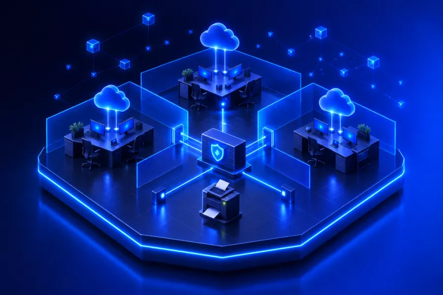 Ein Standort, drei getrennte Netzbereiche mit gemeinsamer Firewall und gemeinsamem Drucker