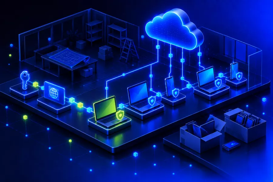 A new office being set up: a key and a domain come first, then laptops and smartphones with a shield connect to the cloud one after another, while shelves and boxes wait in the background