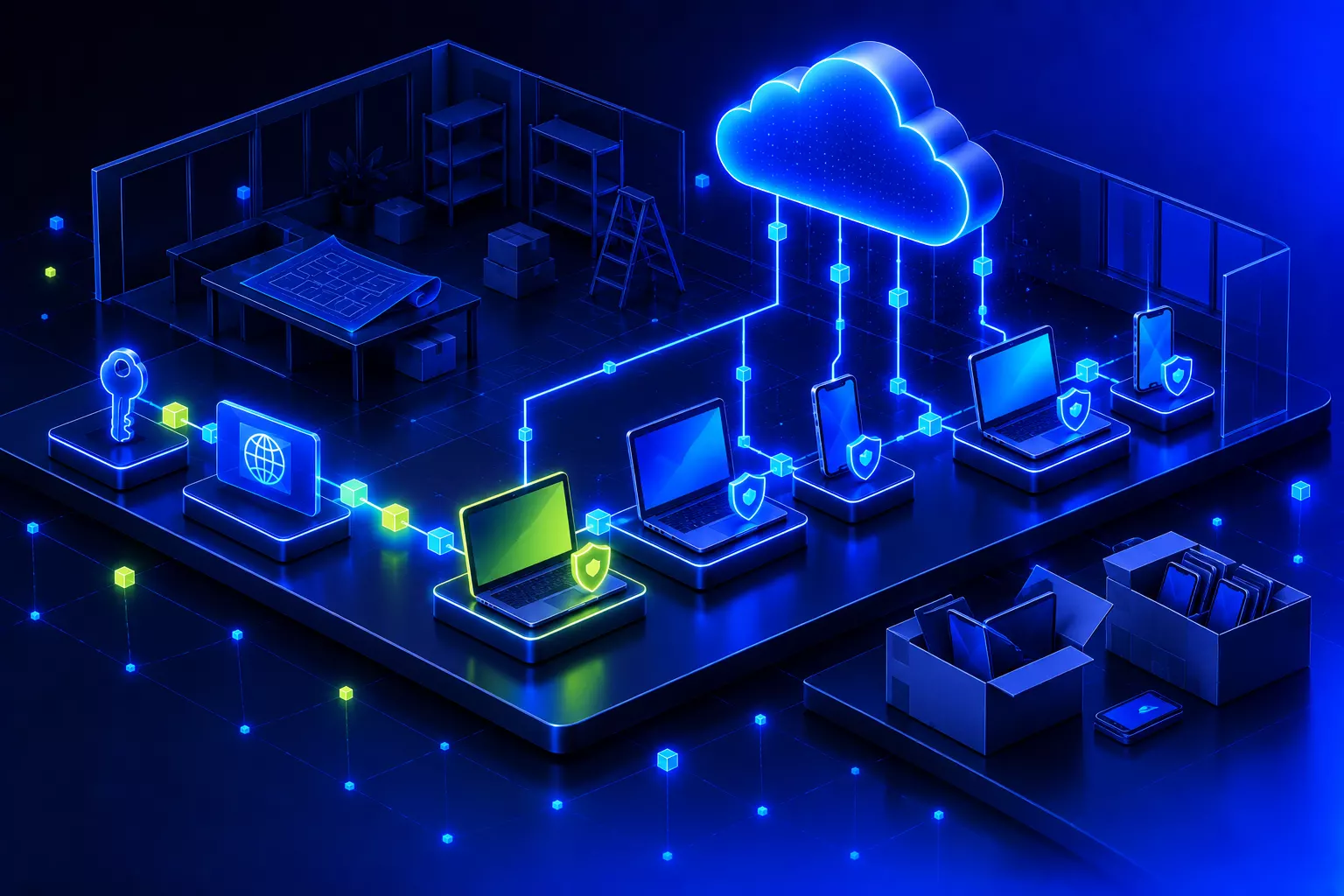 A new office being set up: a key and a domain come first, then laptops and smartphones with a shield connect to the cloud one after another, while shelves and boxes wait in the background