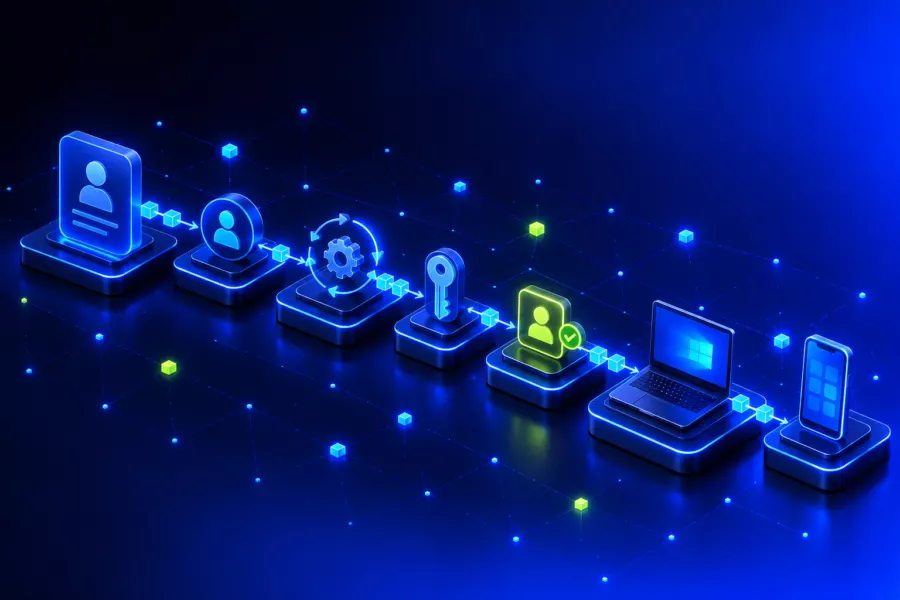 Onboarding as a chain: from the HR record through user account, setup and access key to approval, ending with a laptop and a smartphone