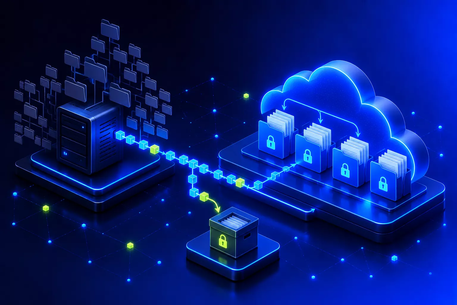 A file server with many folders whose data moves into protected libraries in the cloud, with part of it going to a separate archive