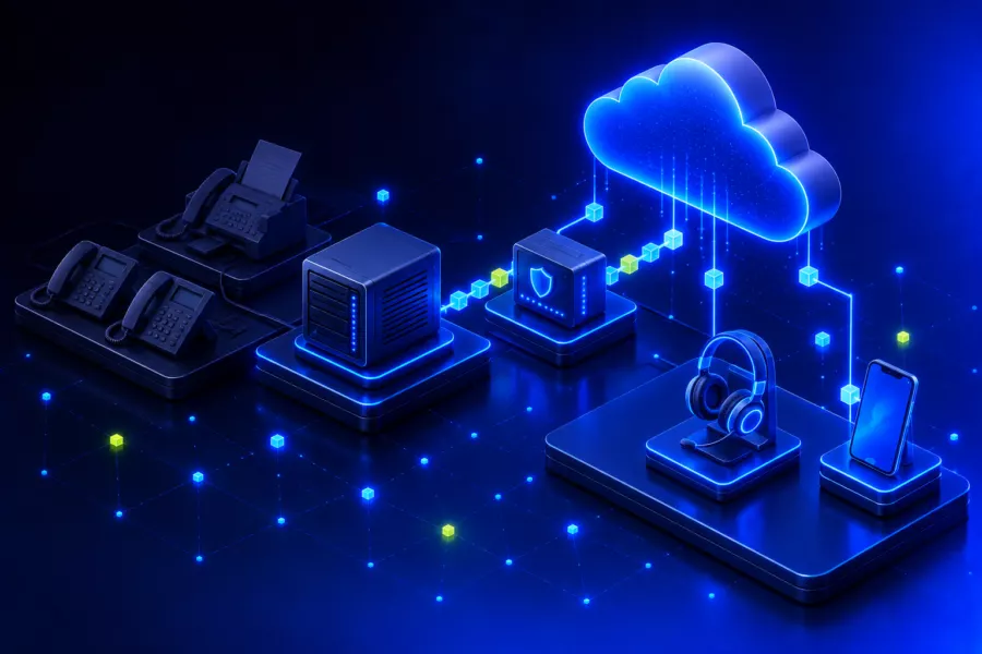 Desk phones, a fax machine and an on-site phone system, connected through a secured device to the cloud, which serves a headset and a smartphone