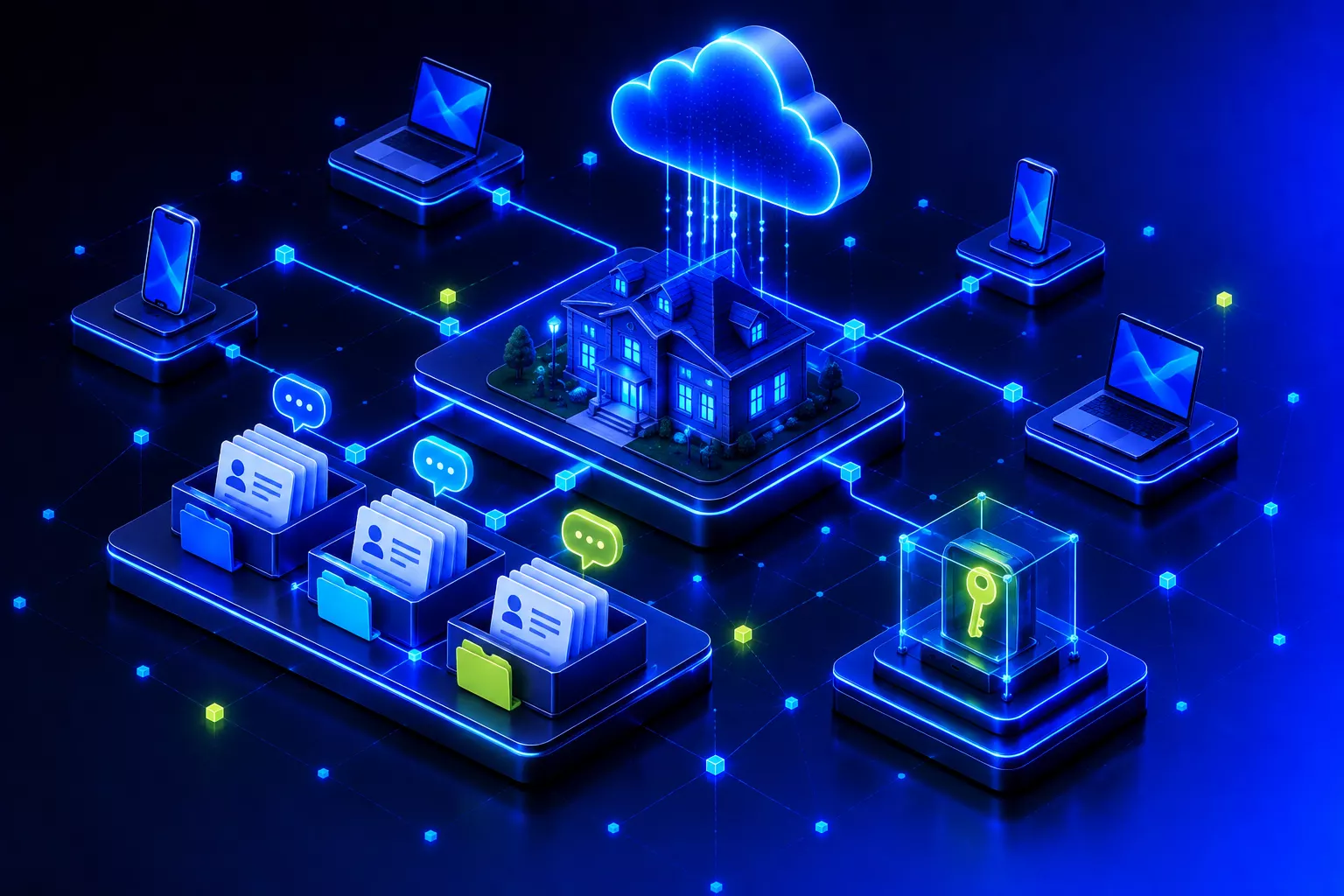Ein Vereinshaus unter einer Cloud, verbunden mit Laptops und Smartphones an verschiedenen Orten, davor Karteikästen mit Mitgliederkarten und ein Notfallschlüssel in einer Glasbox