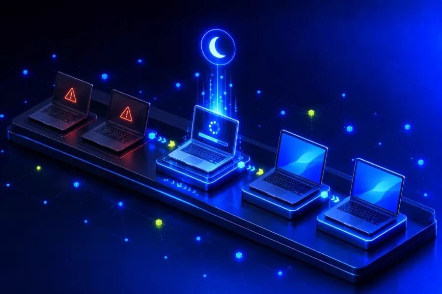 Zwei Laptops mit Warnsymbol, ein dritter wird über Nacht aktualisiert, danach stehen drei Laptops mit neuem Startbildschirm