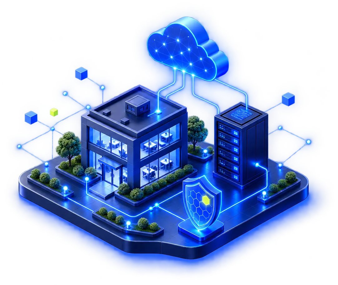 Unternehmens-IT: Büro, Server, Cloud und Sicherheit verbunden