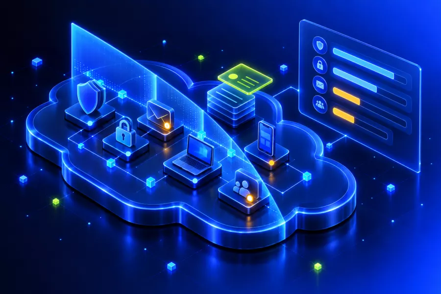 Microsoft-365-Audit: ein Lichtscan prüft die Bausteine eines Tenants, daneben ein Überblick mit Balken und hervorgehobenen Lizenzen