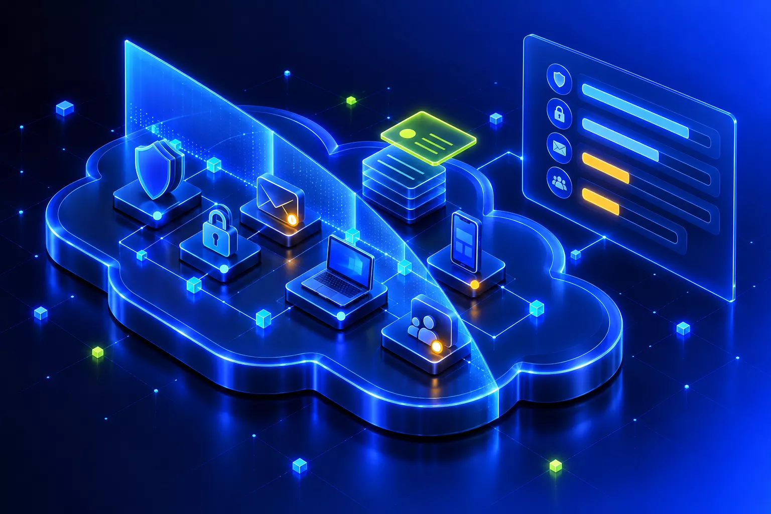 Microsoft-365-Audit: ein Lichtscan prüft die Bausteine eines Tenants, daneben ein Überblick mit Balken und hervorgehobenen Lizenzen
