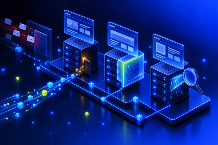 PHP vulnerability: three web servers, one cracked with an open back door, one receiving a protective layer, one inspected with a magnifying glass; emails bounce off a wall