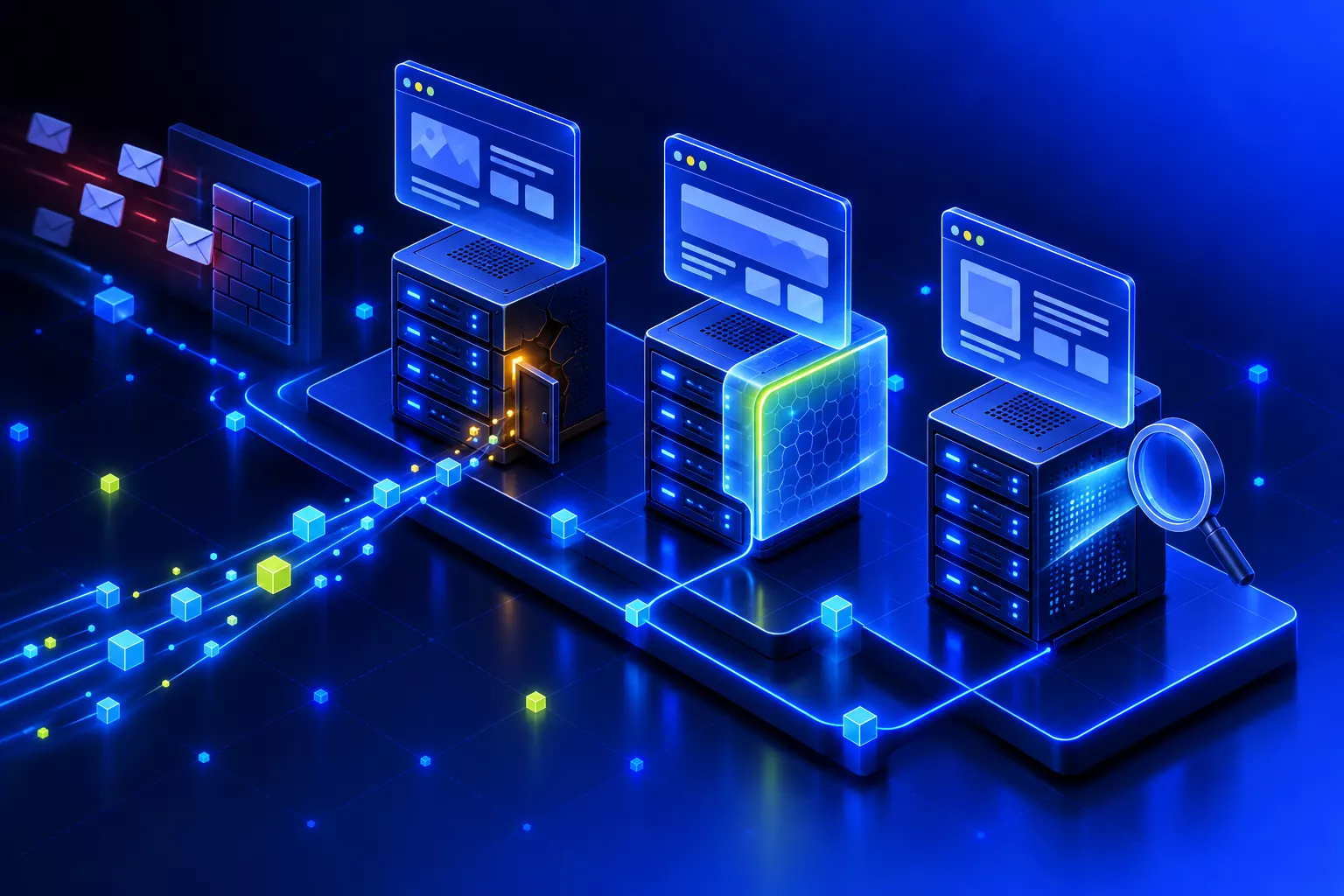 PHP vulnerability: three web servers, one cracked with an open back door, one receiving a protective layer, one inspected with a magnifying glass; emails bounce off a wall