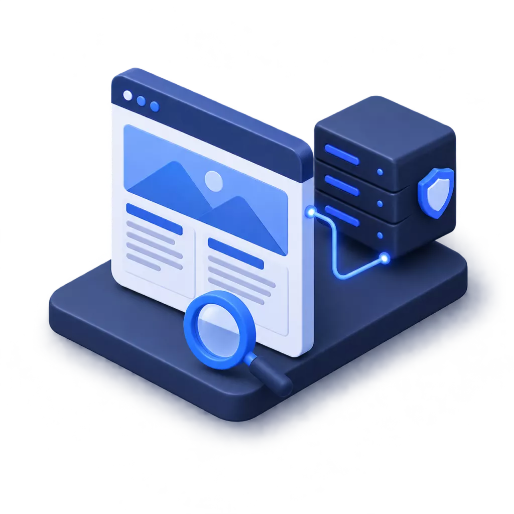 Browserfenster mit Website-Entwurf, Lupe und abgesichertem Server