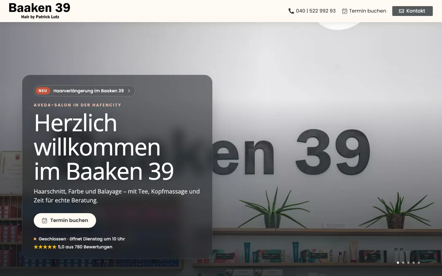 Startseite von baaken39.de: Salon Baaken 39 in der HafenCity mit Terminbuchung und Bewertungen