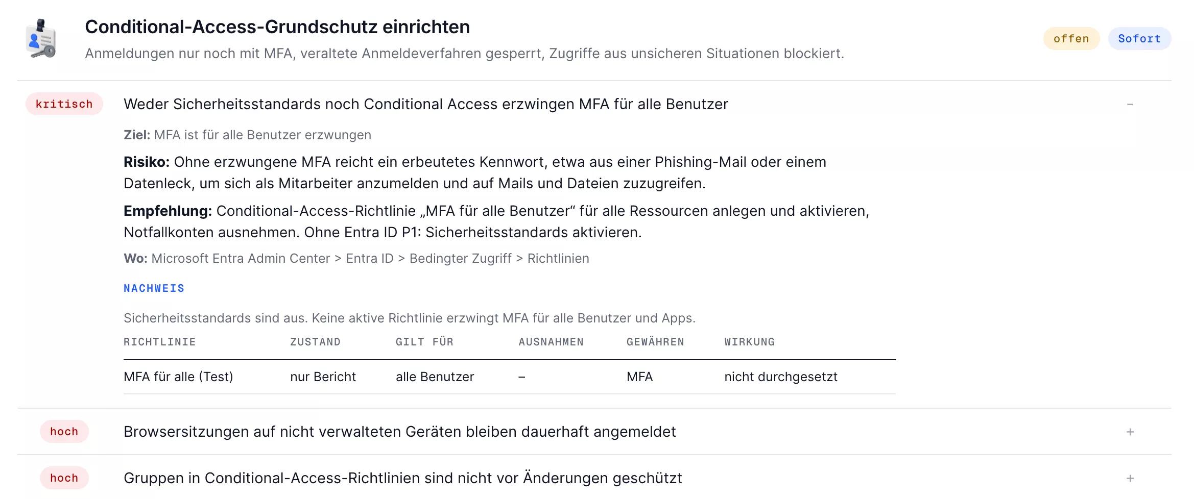 Ein Befund mit Risiko, Empfehlung und Nachweis · Beispieldaten