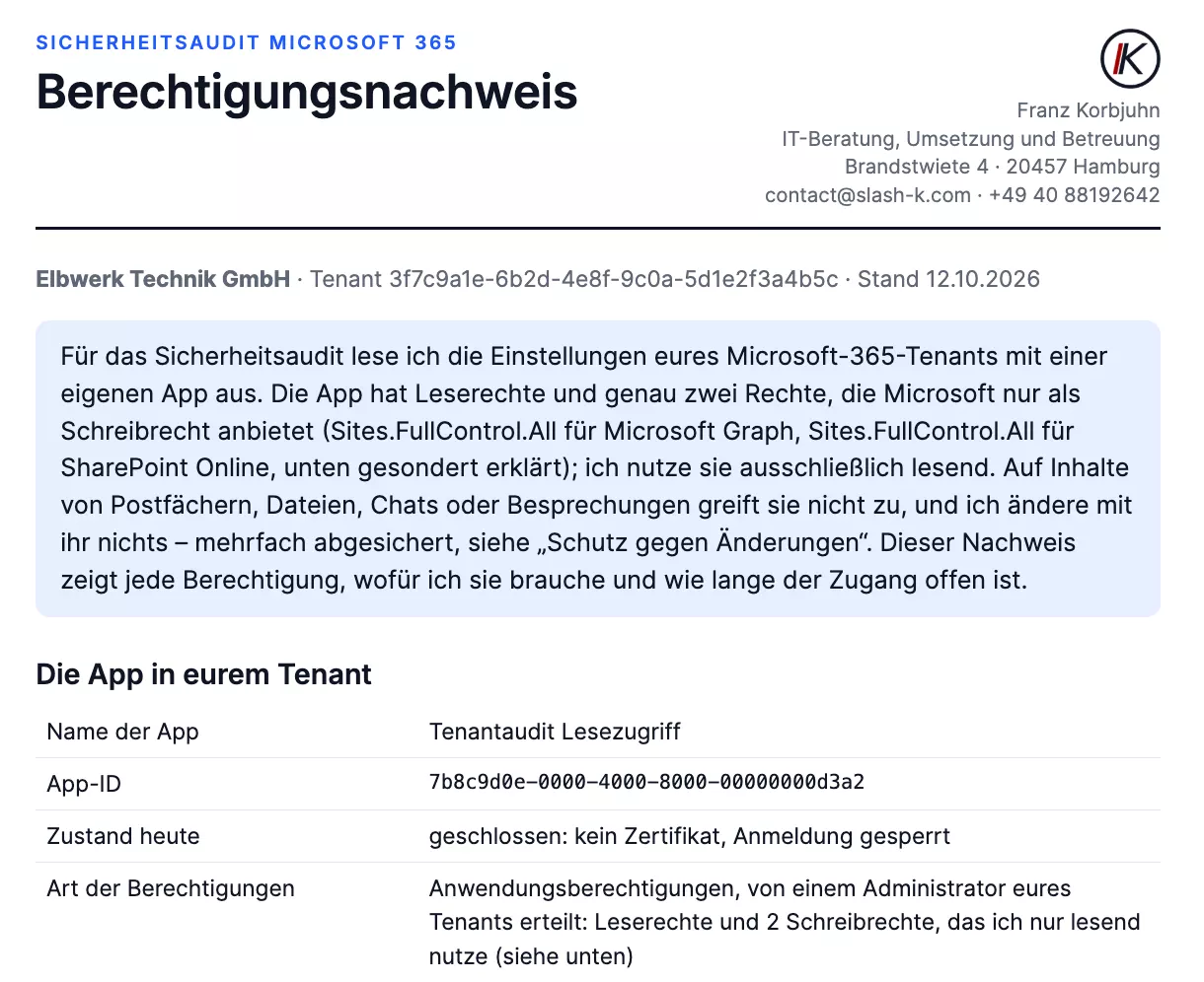 Berechtigungsnachweis der Audit-App · Beispieldaten